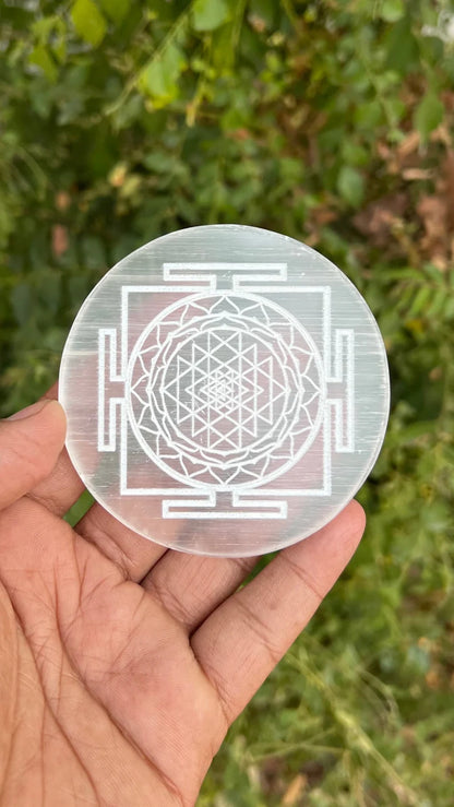 Natural Selenite Charging Plate with Flower of Life Design