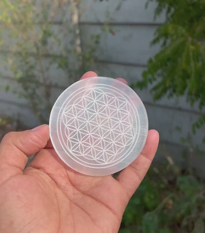 Natural Selenite Charging Plate with Flower of Life Design